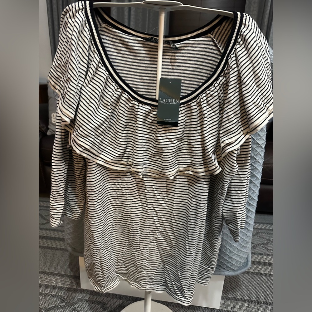 NWT LAUREN Ralph Lauren women’s white and black striped shirt. SZ 2X